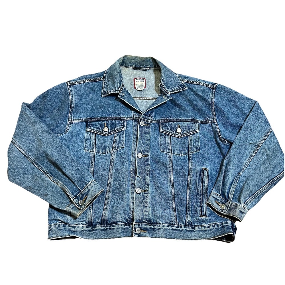 Vtg Old Navy Denim Jacket Mens Large Blue Jean Trucker Medium Wash Biker Rugged